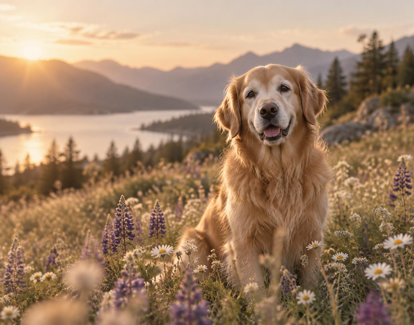 A golden retriever resting among wildflowers in warm evening light